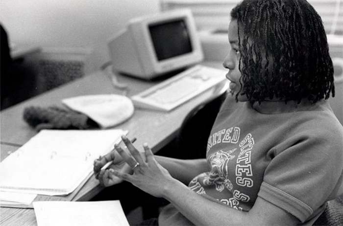 Marnita Thompson Eaddie '90 works in a Bowdoin computer lab in the spring of 1989. Photo via Special Collections & Archives.