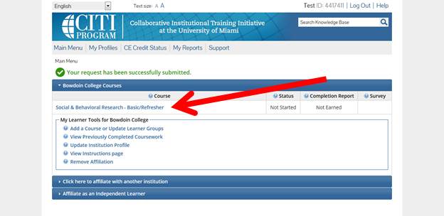 You will now see the Social & Behavioral Research course available to you.  Click on the title of the course to begin training.