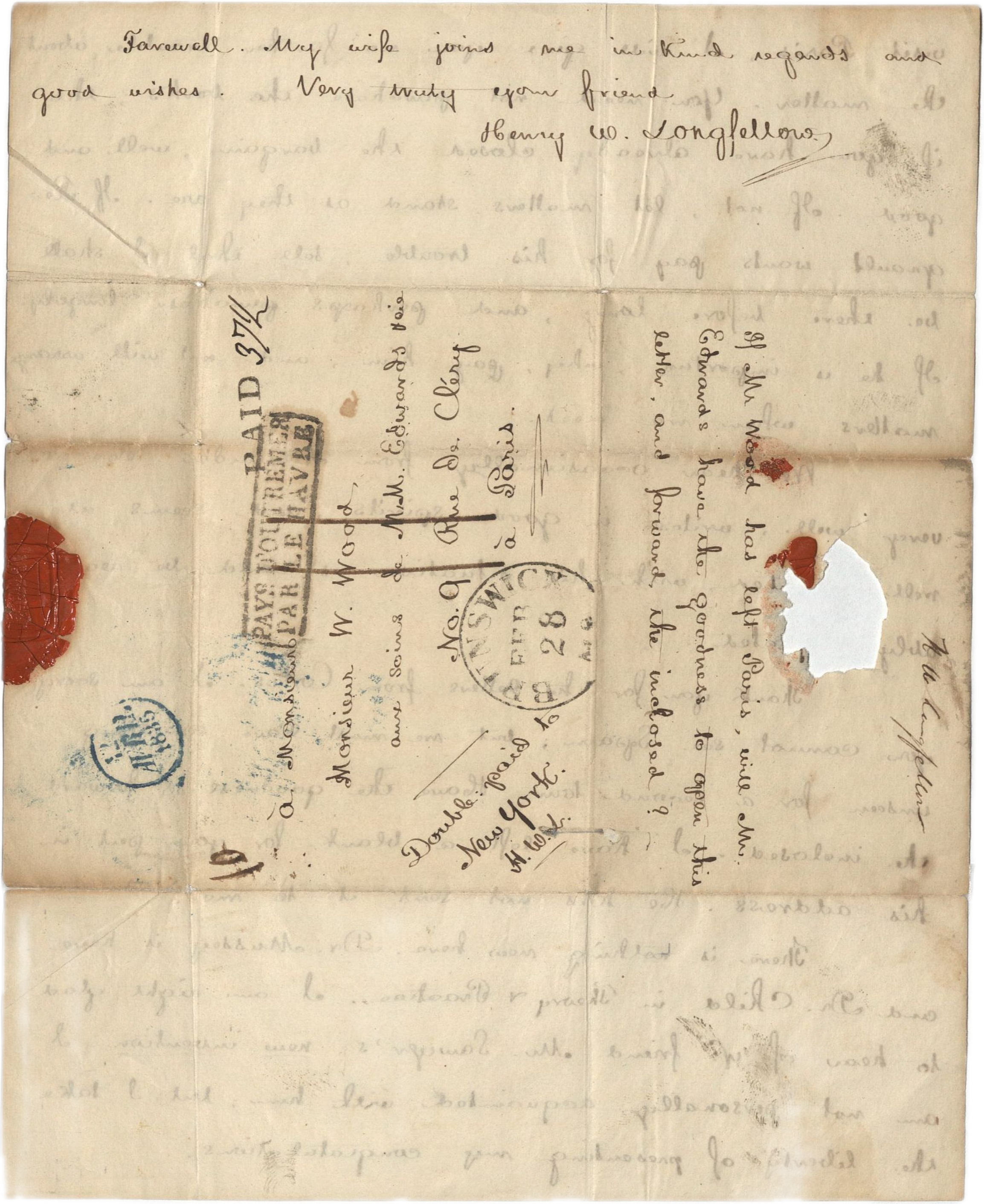 A handwritten letter from Henry Wadsworth Longfellow, 1835, with postal markings and wax seals on aged paper.