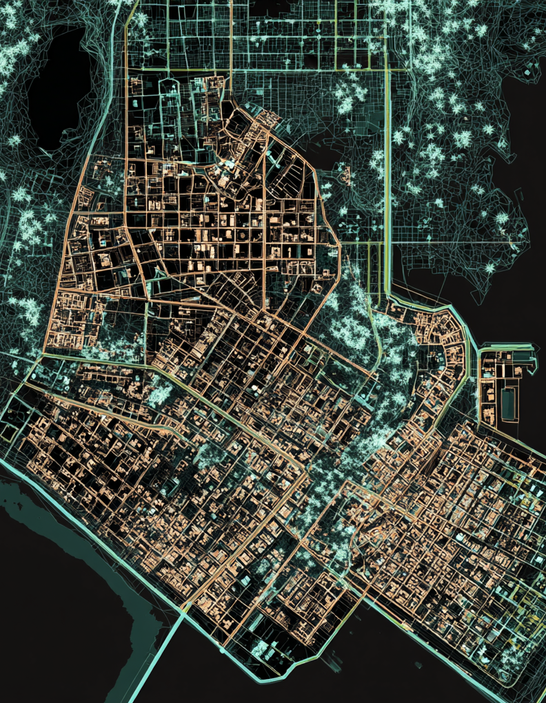 Satellite map of an urban area with buildings outlined in orange and cyan