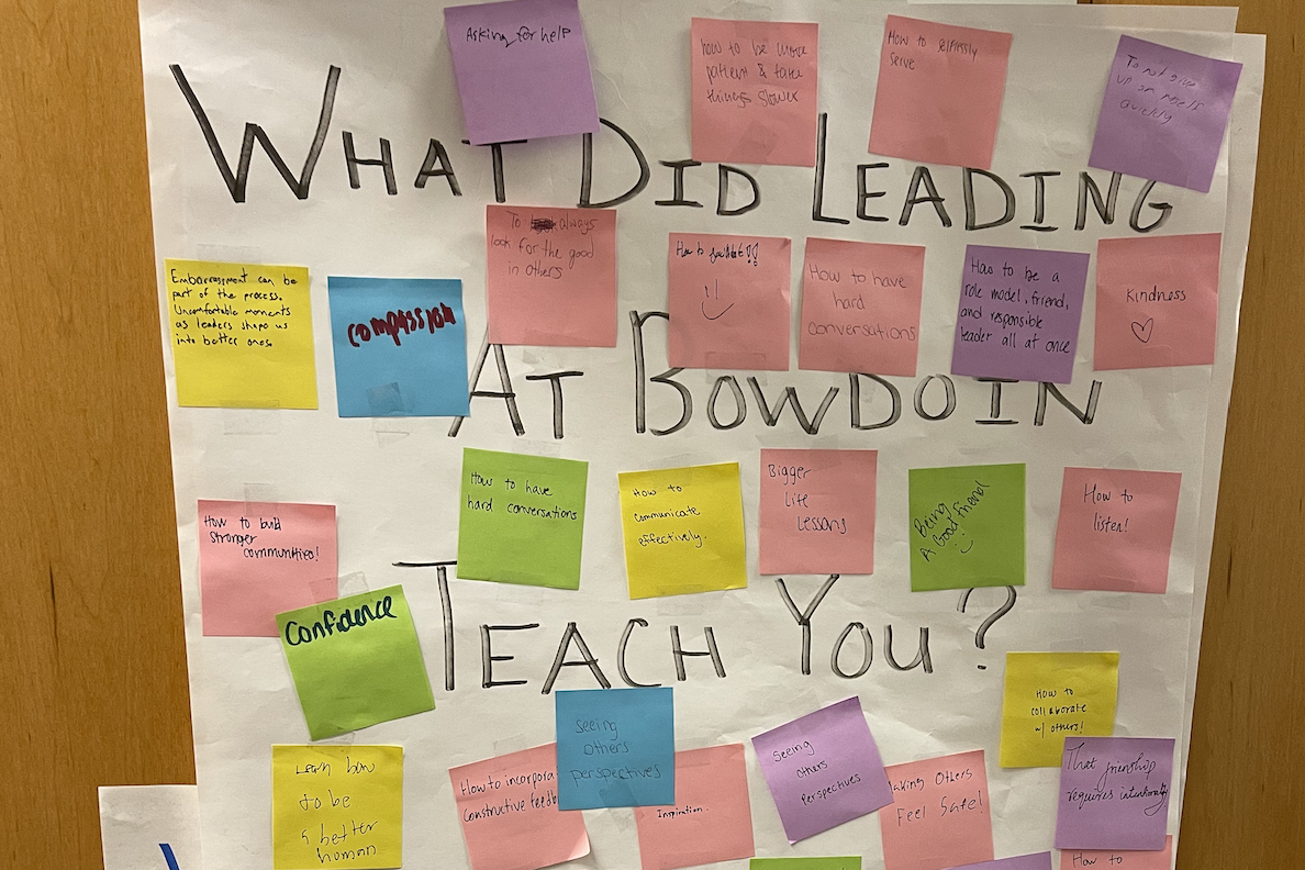 Post-it notes on chart paper with responses to the "What did leading at Bowdoin teach you?"
