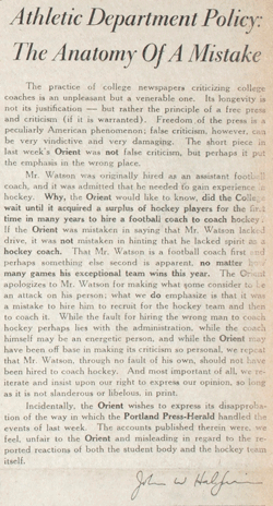 "Athletic Department Policy: The Anatomy of a Mistake" was the Orient’s editorial response