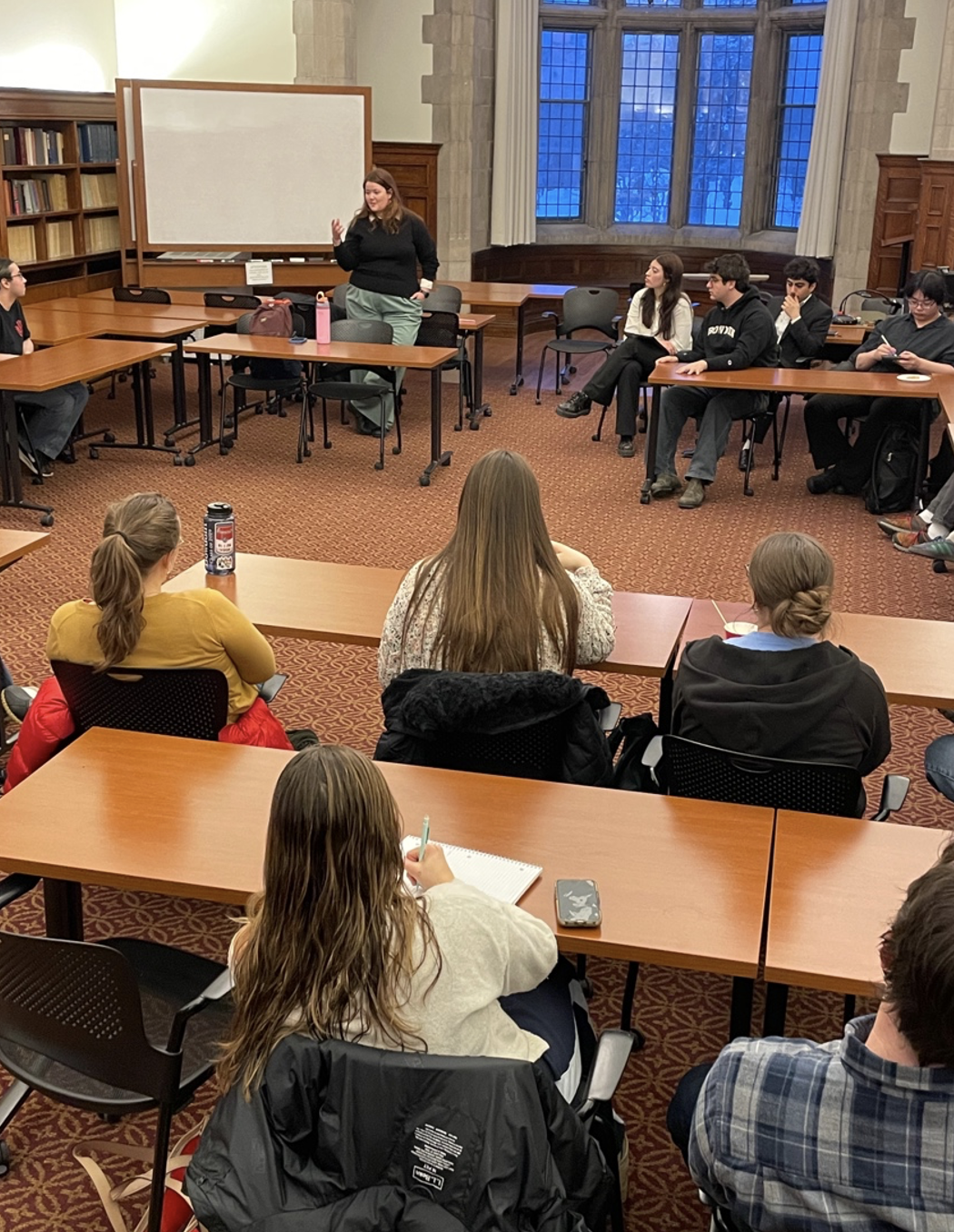 Mattie Daughtry, President of the Maine Senate, speaks with students.