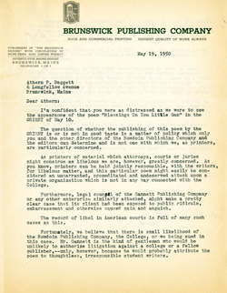 letter to Athern Daggett, P.K. Niven of the Brunswick Record (the Orient’s printer) indicated his concern with the content of a poem printed in the College newspaper