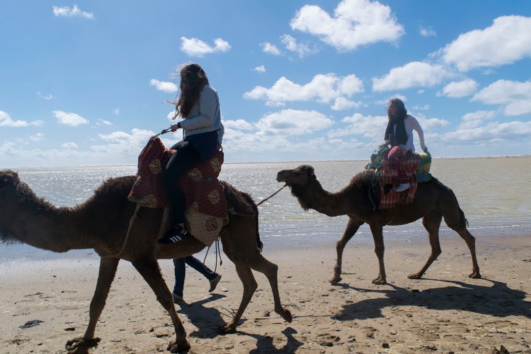 Two students riding camels in Morocco