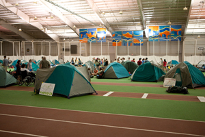 Tents fill up the inside of Farley Field House