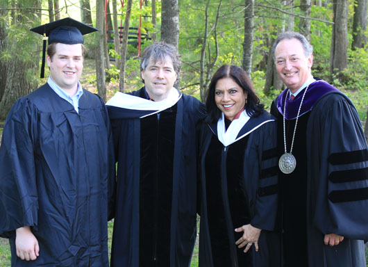 Aaron Cole, Bela Fleck, Mira Nair, and President Barry Mills in baccalaureate robes