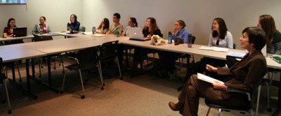 Professor Jen Scanlon and students discuss
