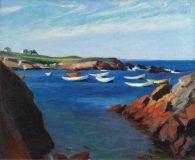 Hopper oil painting. Dories (type of boat) float on the water