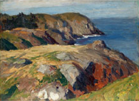 Edward Hopper oil painting. Colorful rocky cliffs overlook water and blue sky