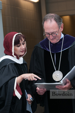 President Mills confers with Humaira Awais Shahid, honorand and 2012 Baccalaureate keynote speaker, moments before the ceremony.