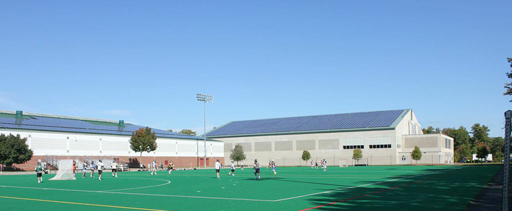 Solar panels atop Farley Field House (left) and Sidney J. Watson Arena.