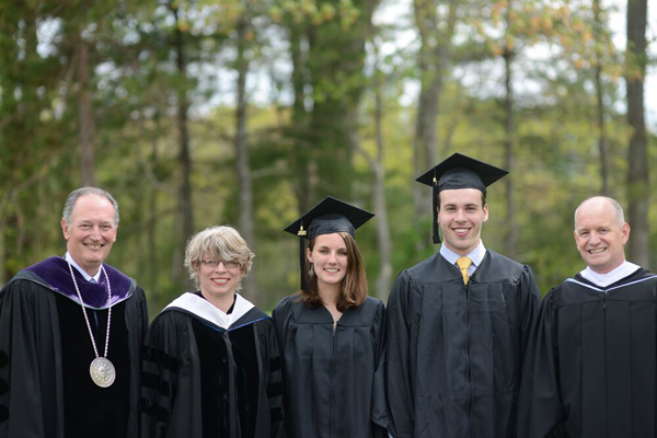 (L. to r.) President Barry Mills, Jill Lepore, Margaret Lindeman ’15, Robert Feeney ’15, Dean of Student Affairs Tim Foster