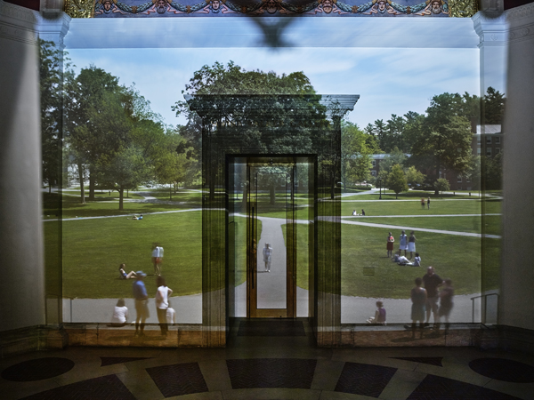 “Camera Obscura: The Campus Quad inside the Rotunda of the Bowdoin College Museum of Art, July 30th, 2015,” archival inkjet print, by Abelardo Morell ’71, H’97. Bowdoin College Museum of Art. Gift of the artist, courtesy of the Edwynn Houk Gallery. ©Abelardo Morell.