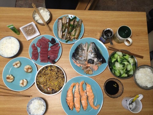 A Chinese feast, cooked up at Bowdoin, including fish and seafood from Portland’s Harbor Fish Market, fermented vegetables, and bok choy.