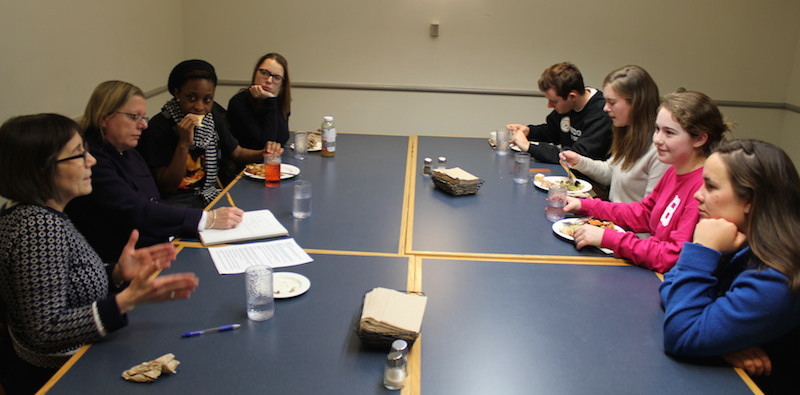 Mary Lou Kennedy and Michele Gaillard (on left) meet with students on the Dining Advisory Committee. Around the table from Gaillard’s left are Lizzy Takyi ’17, Harriet Fisher ’17, Reed Fernandez ’17, Indre Altman ’18, Hannah Berman ’18, and Christine Walder ’15