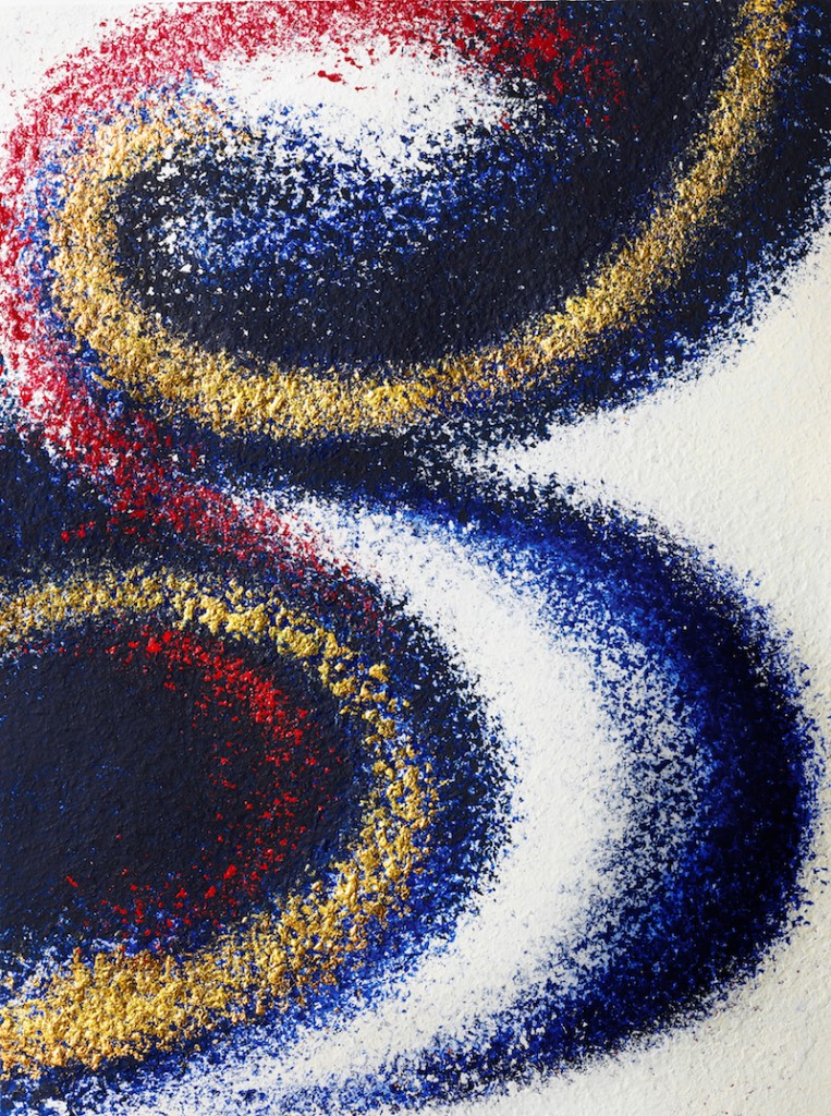 Geometry of Stardust: Curvature, 2009-­‐2010 by Dorothea Rockburne. Lascaux Perlacryl and Aquacryl paint, Golden High Load Titanium white, and gold leaf on Strathmore 140 lb cold press watercolor paper © 2015 Dorothea Rockburne / Artists Rights Society (ARS), New York