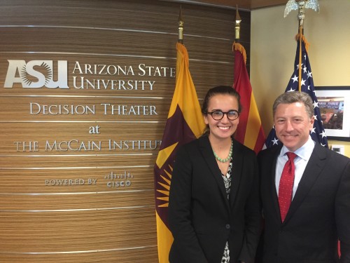 Courtney Koos ’16 with Ambassador Volker–-U.S. Ambassador to NATO from 2008 to 2009, and Koos’ boss–-at the McCain Institute offices