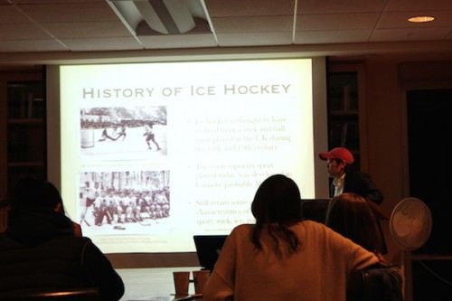 Lan Crofton ’16 gives a talk on playing ice hockey as an Asian American