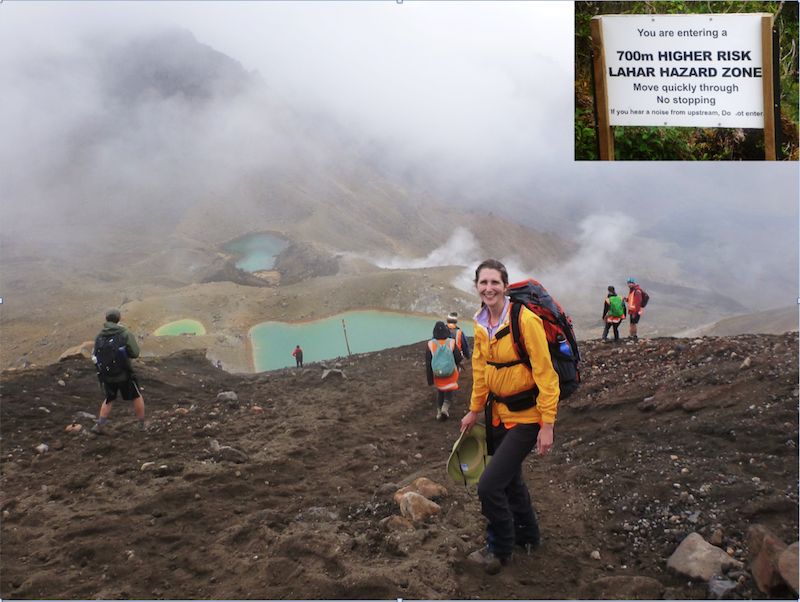 Rachel Beane in New Zealand’s Taupo region, where signs such as the one in the upper right corner urge visitors to move quickly along to avoid being caught in a volcanic debris flow.