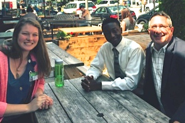 Christine Jewett ’16 (left), Devon Campbell ’18 (center) and Director of Health Professions Advising Seth Ramus (right)