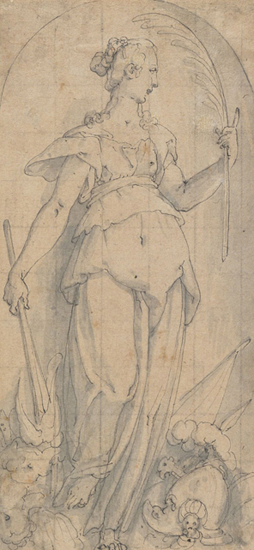 “Allegory of Peace,” 1573-1580, pen and black ink, grey wash over black chalk, by Friedrich Sustris, Dutch, ca. 1540-ca. 1599. Bequest of the Honorable James Bowdoin III. Bowdoin College Museum of Art.