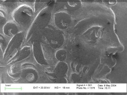 The coin of Septimius Severus as seen with an electron microscope. Besides indicating the chemical composition of the coin, the microscope's image shows the artistry of the coin, the emphasis on the eyes (an artistic trend of the time), and how much the coin was circulated based on wear patterns