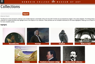 An illustration of the introductory “collections page” for the Bowdoin Museum of Art.