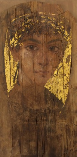 Egyptian, “Mummy Portrait of a Man,” painted on wood with applied gilt leaf. Bowdoin College Museum of Art.
