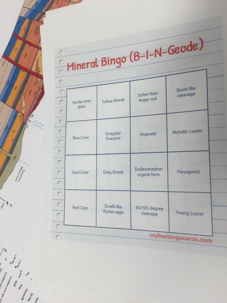 Science Fair game: Bowdoin students designed Mineral Bingo (BIN-Geode) for the 5th graders to learn about rocks