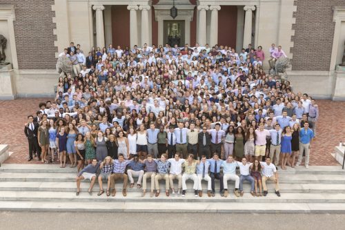 The Class of 2020 poses on the Museum of Art steps. It is a Bowdoin tradition for each incoming class to take a group photo here, at the spot where the students will receive their diplomas four years from now.
