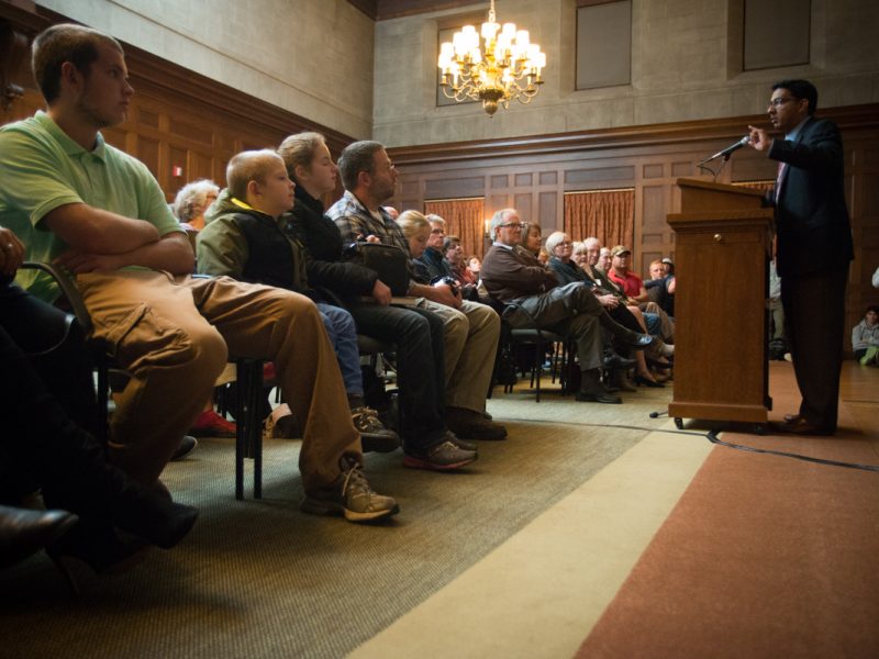 Dinesh D'Souza addressing the Bowdoin crowd