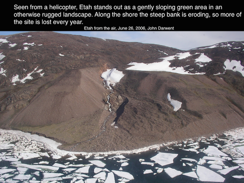 The site of Etah is located on the grassy triangular patch to side of the river.