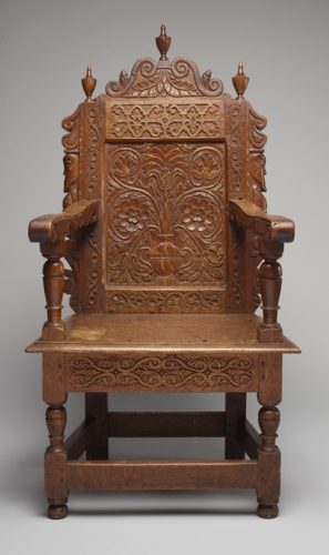 “Joined Great Chair,” oak, 1663-1667, by William Searle. Bowdoin College Museum of Art.