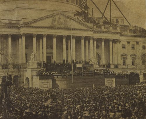“The First Inaugural of Abraham Lincoln,” March 4, 1861, salt print attributed to Alexander Gardner. Bowdoin College Museum of Art.