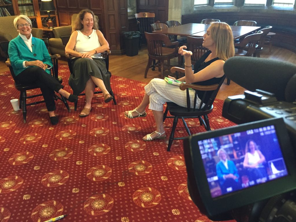 Nancy Jennings (left) and Suzanne Lovett are interviewed by “207” co-host Caroline Cornish in the Shannon Room, Hubbard Hall. Click image to view segment.