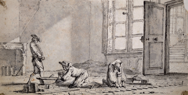 Jean-Michel Moreau le Jeune, French, 1741–1814. “Les Carreleurs (The Tilers),” pen and black ink, gray wash.” Bowdoin College Museum of Art.