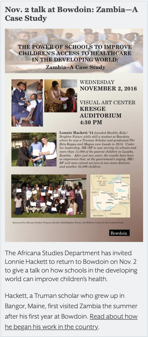 Lonnie Hackett talk at Bowdoin on Zambia