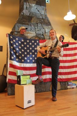 Andrew Lardie, the McKeen Center’s associate director for service and leadership, played some patriotic songs to muster up voter fervor on Constitution Day, Sept. 16. Outing Club staff provided the backdrop.