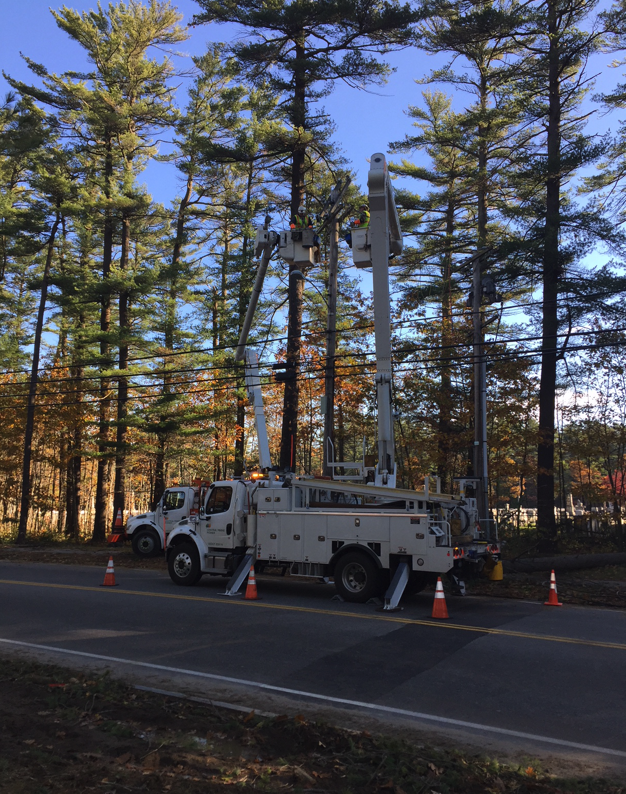 Central Maine Power crew at work on Sills Drive, across from Druckenmiller Hall Wednesday, Nov. 1, 2017.
