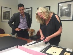 Daniel Rechtschaffen, ’18, and Pamela Fletcher, professor of art history, study works from the Artine Artian collection during the summer of 2017.