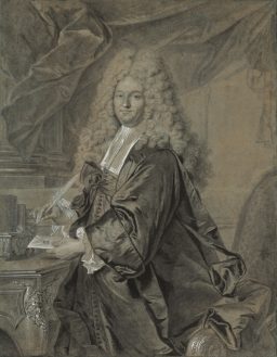 “Portrait of Joseph Jean-Baptiste Fleuriau d’Armenonville” (1661–1728) “Conseiller d’Etat,” ca. 1708, black and white chalk and black ink, grey wash, heightened with white, by Hyacinthe Rigaud, French, 1659–1743. Gift of George and Elaine Keyes and two Anonymous Donors.