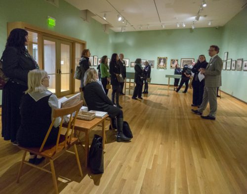 Joachim Homann, curator, speaking to visitors in the exhibition “Why Draw: 500 Years of Drawings and Watercolors at Bowdoin College” at the Bowdoin College Museum of Art.