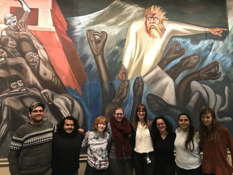 Bowdoin students in front of José Clemente Orozco’s mural. The author of the story, Kathleen Johnson, is third from the left. Professor Carolyn Wolfenzon Niego is third from the right. Other students are César Varela, John Medina, Mackenzie Schafer, Miriam Fraga, and Hannah Pucker.