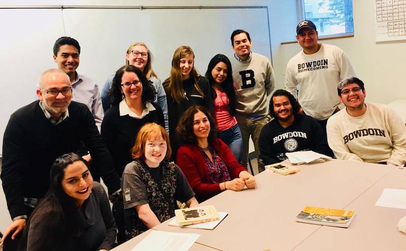 Professor Carolyn Wolfenzon Niego and students in her class, Mexican Fictions: Voices from the Border. Sitting in the middle of the first row is writer Guadalupe Nettel. Associate Professor of Romance Languages and Literatures Gustavo Faverón-Patriau is standing to the left of Wolfenzon Niego.