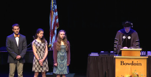 President Clayton Rose presents the Almon Goodwin prize to seniors Andrew Prescott, Lindsey Duff and Margaret Conley