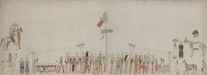 “Sun Dance,” ca. 1895, pigments on muslin, by an unidentified Lakota artist. Museum Purchase, Lloyd O. and Marjorie Strong Coulter Fund, Laura T. and John H. Halford, Jr. Art Acquisition Fund, Jane H. and Charles E. Parker, Jr. Art Acquisition Fund, Barbara Cooney Porter Fund, and Greenacres Acquisition Fund. Bowdoin College Museum of Art.