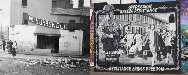 Opposing neighborhoods in Belfast: Protestant-loyalist Shankill Rd. (left) and a nationalist mural in Catholic West Belfast
