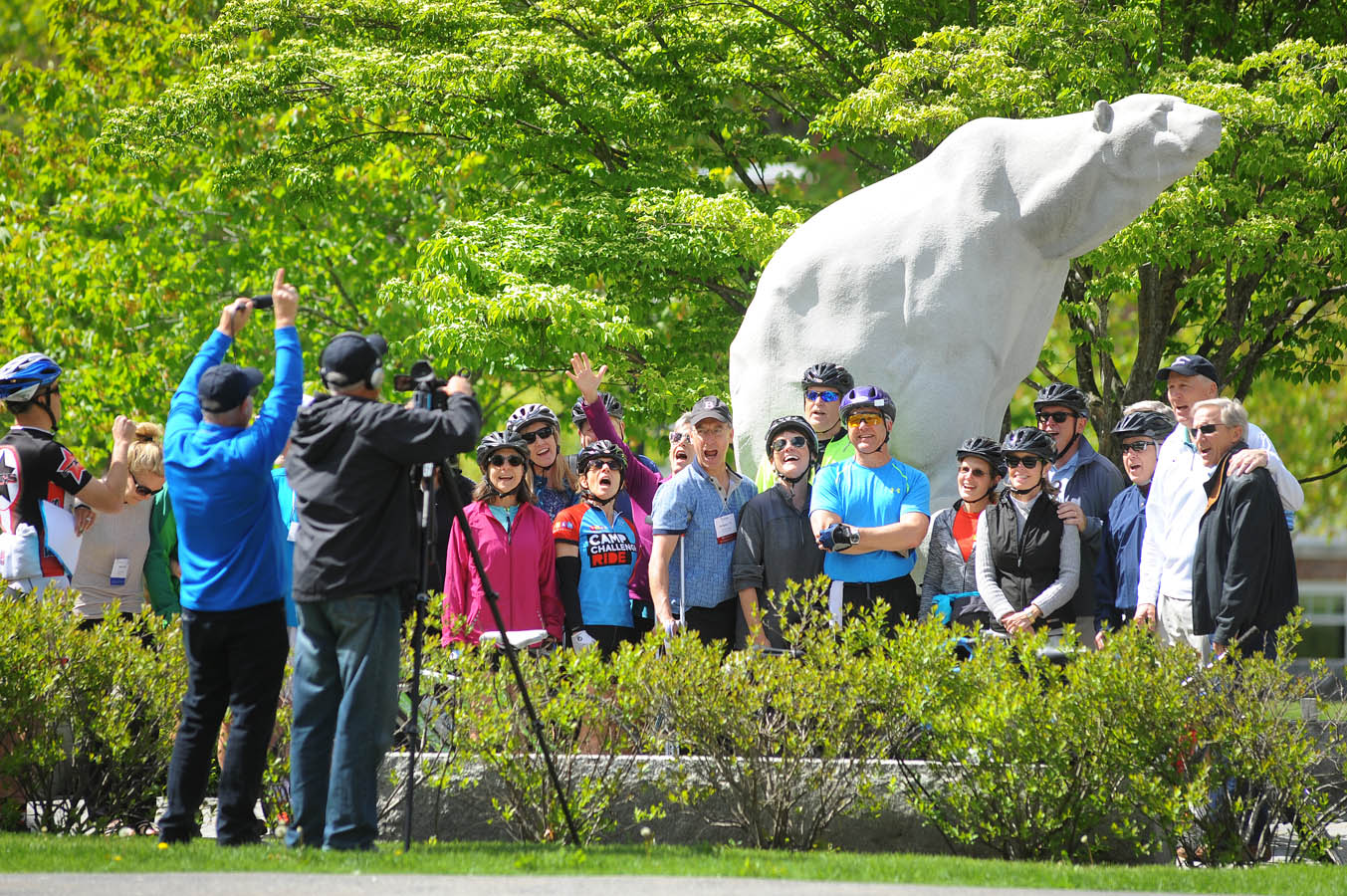 Posing for a picture with the Polar Bear statue