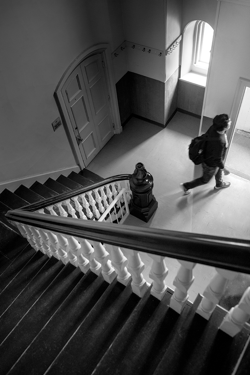 The bottom of the McKeen Center staircase